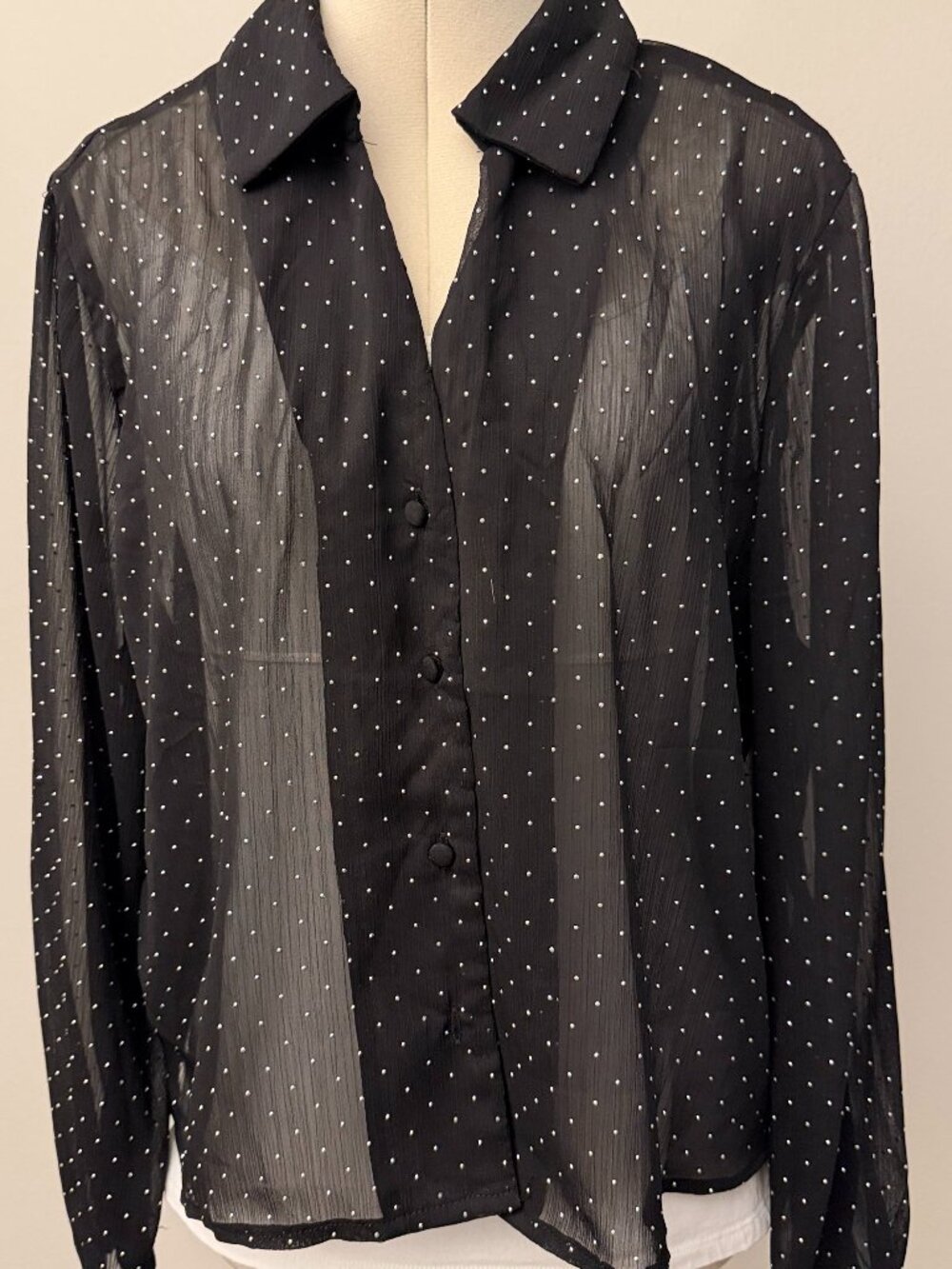 Jove Potion Women`s Black blouse sheer Long sleeved polka-dot size XL